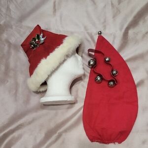 Vtg 1920's Handmade Santa Hat Rabbit Fur, Elf Hat & Jingle Bells